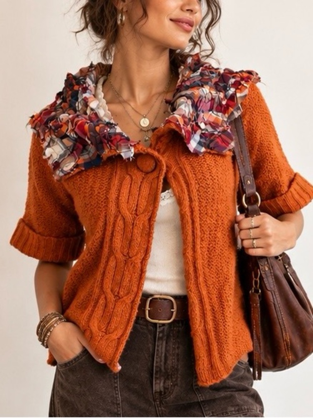 E-vie Orange Cable Knit Cardigan Upcycled Plaid Ruffle Collar Artsy OOAK Medium